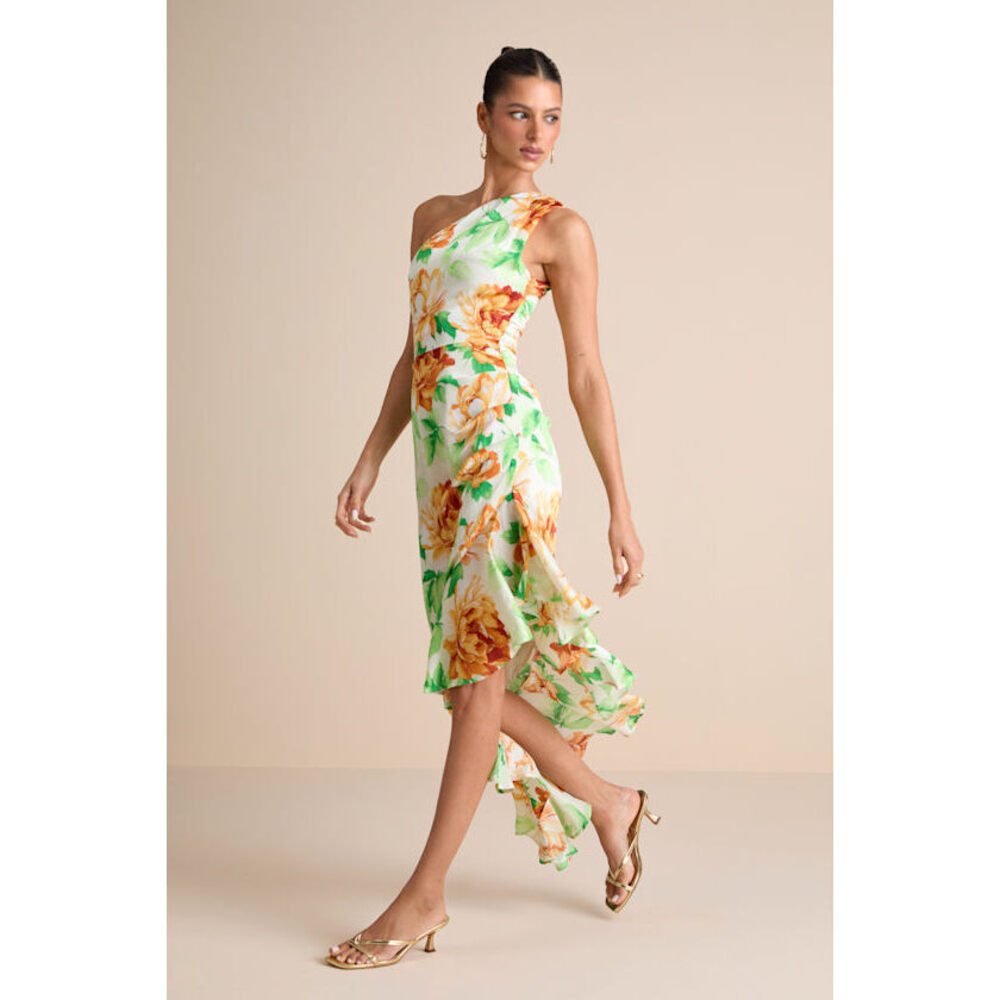 Lulus Divinely Blooming White Multi Floral One-shoulder Midi Dress - Size L